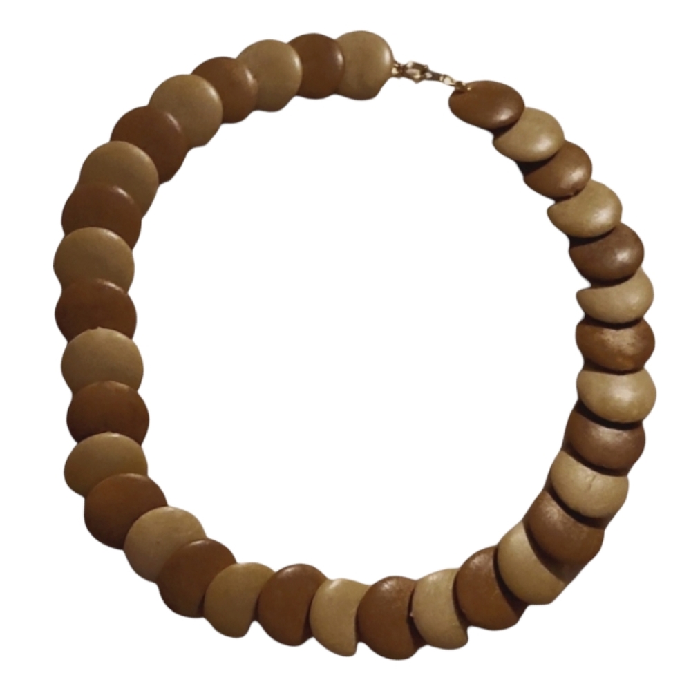 Natural Wood Disk Beads Layred Two-Tone Light To Dark Brown Beach Fall Necklace